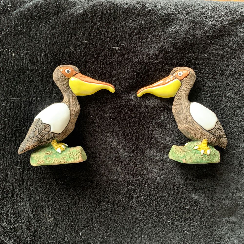 Pair of  Pelican Figurines - colorful (brown, white, yellow, tan, green base)